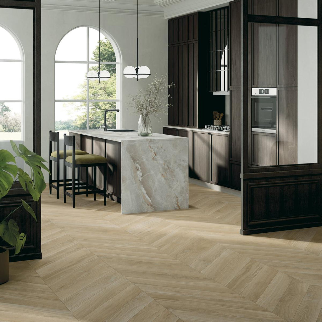 Riviera Sand Chevron Wood Plank Matte Porcelain Tile
