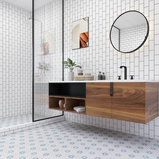 Unlgazed Blue Flower Porcelain Hexagon Mosaic